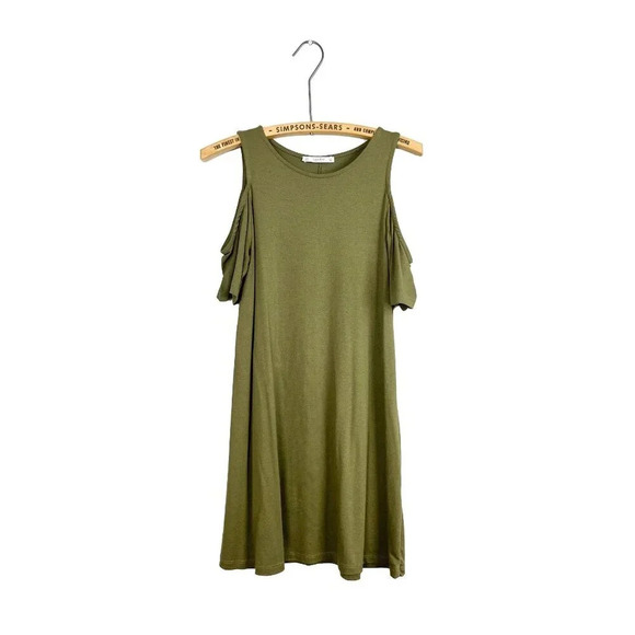 Pull & Bear Womens XS Cold Shoulder Dress Army Green Summer - Picture 3 of 6